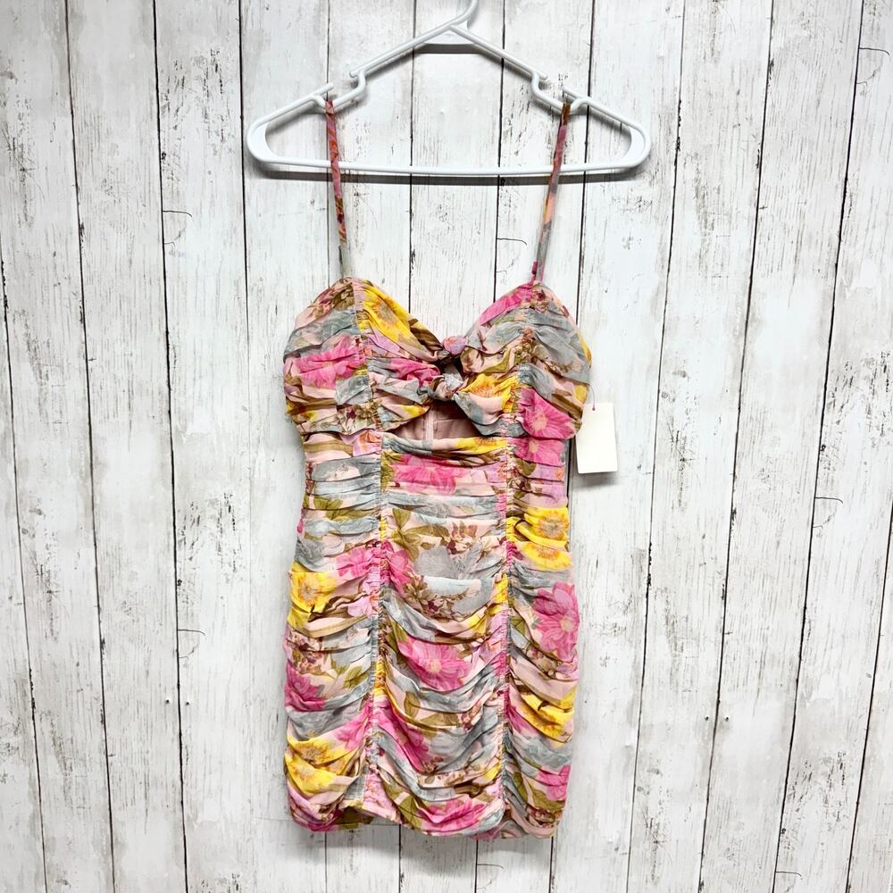 Olivaceous Dress Women Sz Medium Floral Ruched Sleeveless Bustier Mini Zip Back